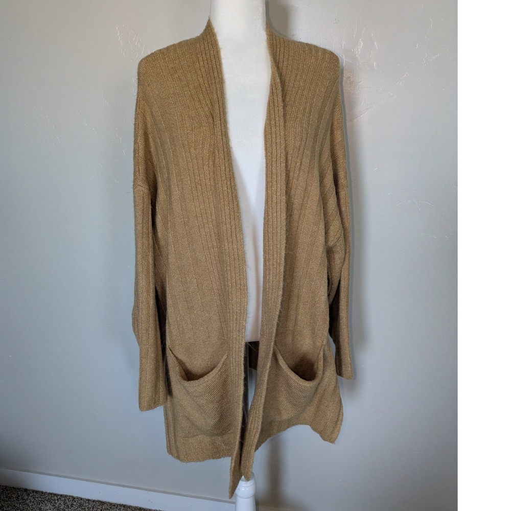 Topshop Camel Open Front Cardigan Ribbed Knit Long Sleeve Pockets Size M